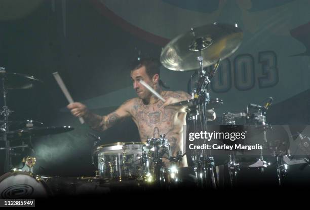 Travis Barker of Blink 182 during K-Rock Claus-Fest 2003 - Day One at Hammerstein Ballroom in New York City, New York, United States.