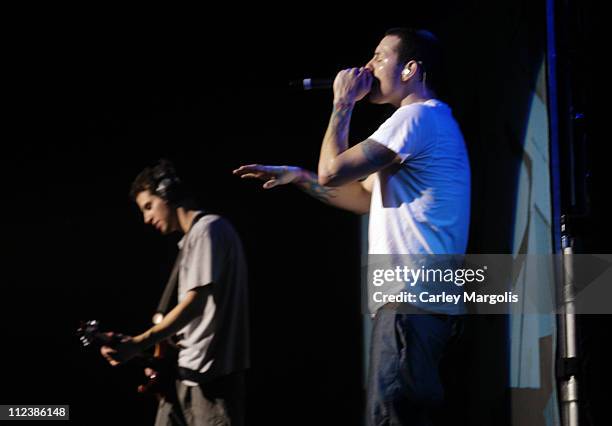 Brad Delson and Chester Bennington of Linkin Park during K-Rock Claus-Fest 2003 - Day One at Hammerstein Ballroom in New York City, New York, United...