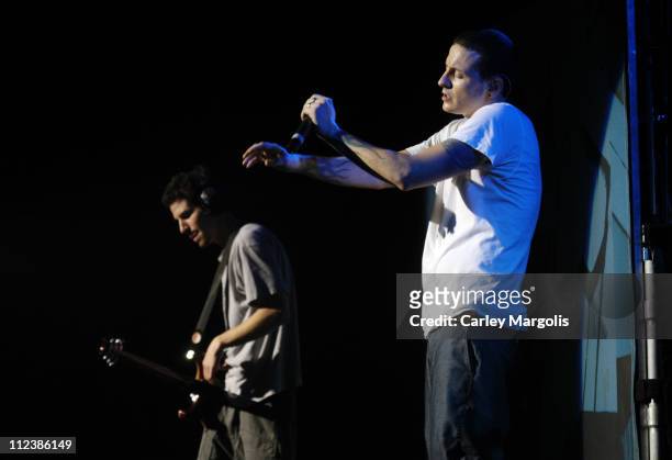 Brad Delson and Chester Bennington of Linkin Park during K-Rock Claus-Fest 2003 - Day One at Hammerstein Ballroom in New York City, New York, United...