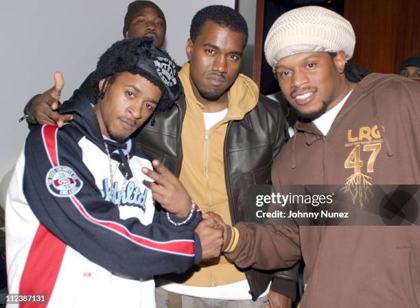 Buckshot, Kanye West and Sway of MTV during The Fader Pop Life Issue Release Party at Diane Von Furstenberg Studio in New York City, New York, United...