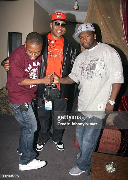 Lupe Fiasco, LL Cool J and 50 Cent during BET UpFront 2006 at Manhattan Center Studios in New York, New York, United States.