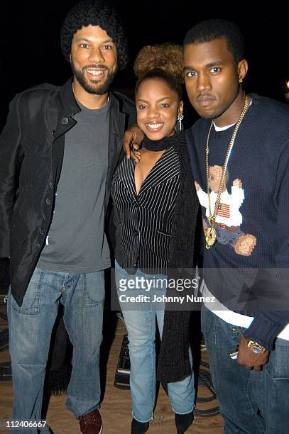 Common, Leela James and Kanye West during Kanye West's "College Dropout" Video Shoot at Cinema World in Brooklyn, New York, United States.
