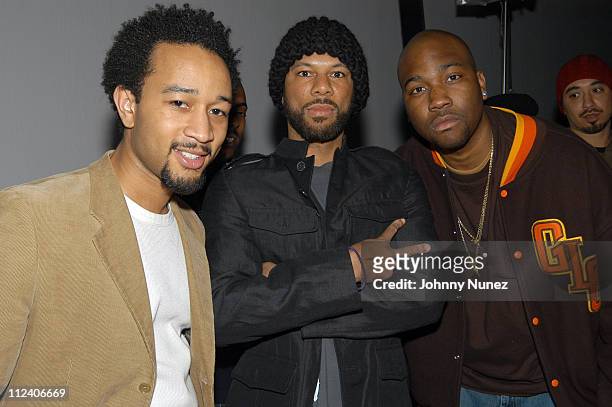 John Legend, Common and GLC during Kanye West's "College Dropout" Video Shoot at Cinema World in Brooklyn, New York, United States.