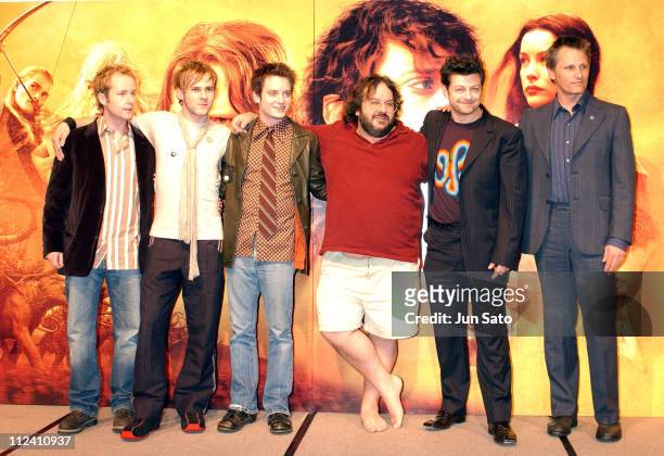 Billy Boyd, Dominic Monaghan, Elijah Wood, Director Peter Jackson, Andy Serkis and Viggo Mortensen