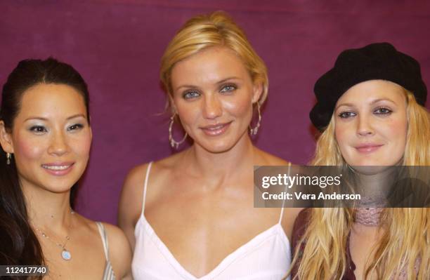 Lucy Liu, Cameron Diaz and Drew Barrymore during "Charlie's Angels: Full Throttle" Press Conference with Cameron Diaz, Drew Barrymore, Lucy Liu and...