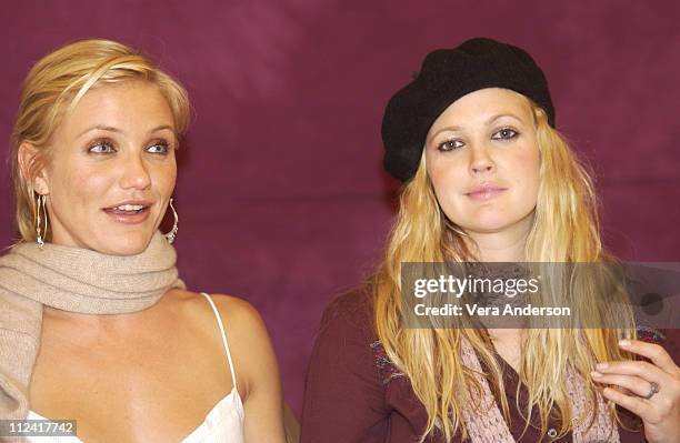 Cameron Diaz and Drew Barrymore during "Charlie's Angels: Full Throttle" Press Conference with Cameron Diaz, Drew Barrymore, Lucy Liu and McG at Casa...