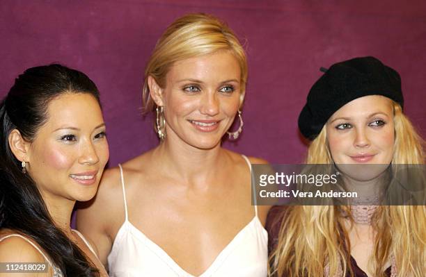 Lucy Liu, Cameron Diaz and Drew Barrymore during "Charlie's Angels: Full Throttle" Press Conference with Cameron Diaz, Drew Barrymore, Lucy Liu and...