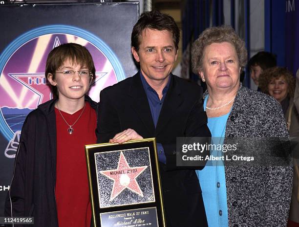 Michael J. Fox with son Sam and mom Phyllis during Michael J. Fox Honored with a Star on the Hollywood Walk of Fame for His Achievements in Film at...