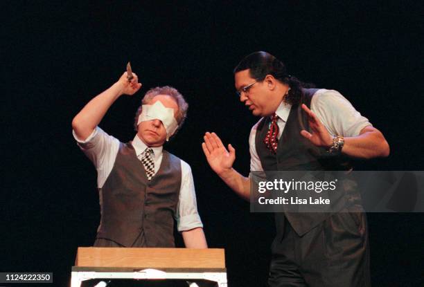 Magicians Teller and Penn Jillette of the duo Penn & Teller perform at State Theatre on October 23 in Easton, Pennsylvania.