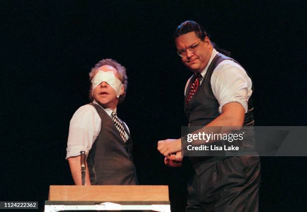 Magicians Teller and Penn Jillette of the duo Penn & Teller perform at State Theatre on October 23 in Easton, Pennsylvania.