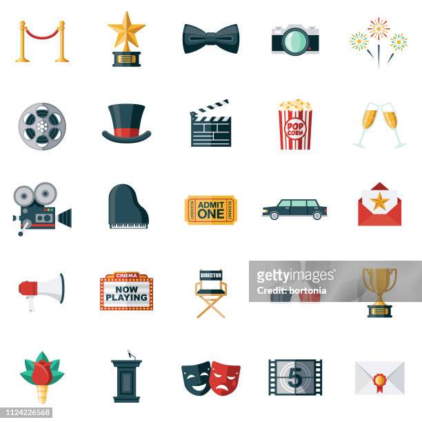 illustrazioni stock, clip art, cartoni animati e icone di tendenza di set di icone di progettazione piatta filmato - gruppo di oggetti