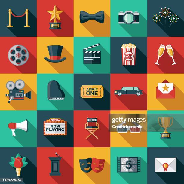 ilustraciones, imágenes clip art, dibujos animados e iconos de stock de conjunto de iconos de diseño plano de película - butacas de cine