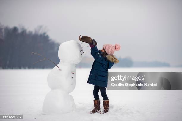 snowman on the river - pupazzo di neve foto e immagini stock