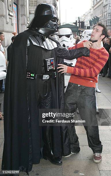 Ralf Little with "Darth Vader" during "Star Wars Shortened!" - UK Gala Performance at Criterion Theatre in London, Great Britain.