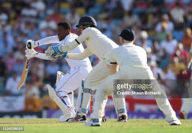 Shimron Hetmyer of West Indies plays a shot during Day One of the First Test match between England and West Indies at Kensington Oval on January 23,...