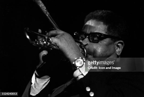 Jazz trumpeter Dizzy Gillespie plays his famous bent trumpet circa 1965 in St. Louis, Missouri.