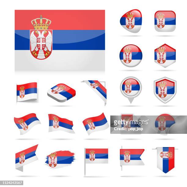serbia - flag icon glossy vector set - serbian flag stock illustrations