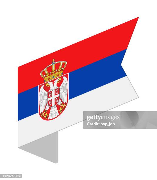 serbia - isometric label flag vector flat icon - belgrade stock illustrations