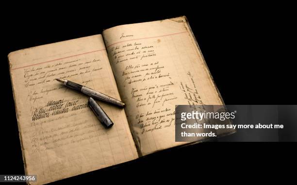 an old calygraphy notebook opened showing the progression. an old silver pen rests upon it. still life - ancient writing stock pictures, royalty-free photos & images