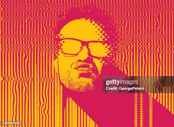 portrait of a male rapper with glitch technique - horn rimmed glasses stock illustrations