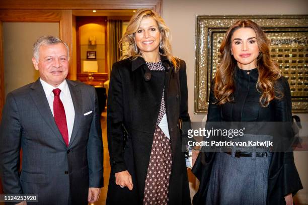 Queen Maxima of The Netherlands visits King Abdullah of Jordan and Queen Rania of Jordan at the Royal Palace on February 12, 2019 in Amman, Jordan.