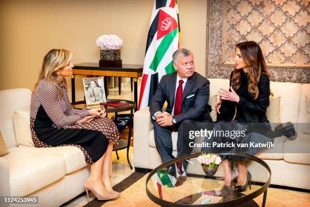 Queen Maxima of The Netherlands visits King Abdullah of Jordan and Queen Rania of Jordan at the Royal Palace on February 12, 2019 in Amman, Jordan.