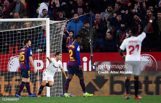Wissam Ben Yedder of Sevilla FC celebrates after scoring his team's second goal during the Copa del Quarter Final match between Sevilla FC and FC...
