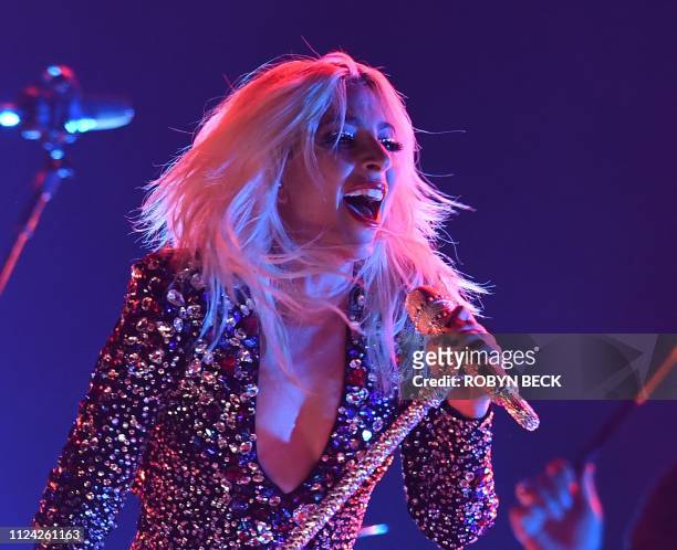 Singer-songwriter Lady Gaga performs onstage during the 61st Annual Grammy Awards on February 10 in Los Angeles.