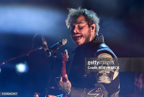 Rapper Post Malone performs onstage during the 61st Annual Grammy Awards on February 10 in Los Angeles.