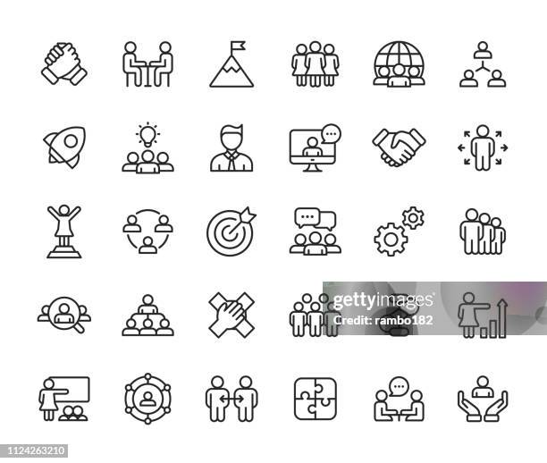 ilustrações de stock, clip art, desenhos animados e ícones de teamwork line icons. editable stroke. pixel perfect. for mobile and web. contains such icons as leadership, handshake, recruitment, organizational structure, communication. - oficina