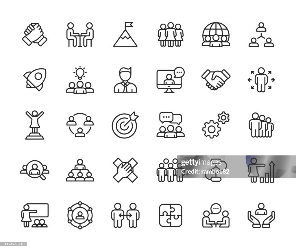 Teamwork Line Icons. Editable Stroke. Pixel Perfect. For Mobile and Web. Contains such icons as Leadership, Handshake, Recruitment, Organizational Structure, Communication.