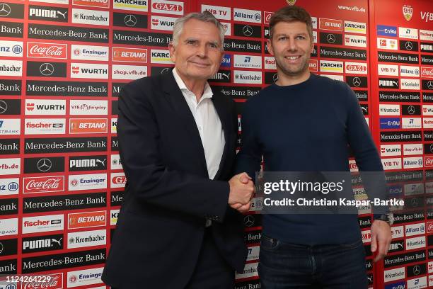 Präsident Wolfgang Dietrich of VfB Stuttgart and Managing Director Thomas Hitzelsberger of VfB Stuttgart looks on on February 12, 2019 in Stuttgart,...