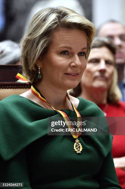 Queen Mathilde of Belgium pictured during a royal visit of the Queen to the solemn session of the Belgian Royal Academy for Medicine, in Brussels,...