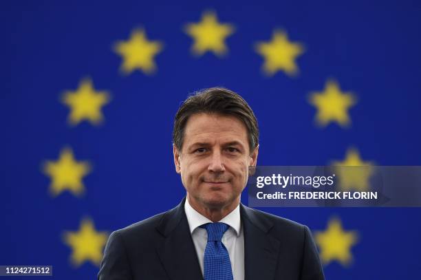 Italys Prime Minister Giuseppe Conte looks on as he arrives for a debate on the futur of Europe during a plenary session at the European Parliament...