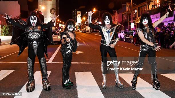 Gene Simmons, Eric Singer, Tommy Thayer and Paul Stanley of KISS pose on Sunset Blvd during KISS Performs Private Concert For SiriusXM At Whisky A Go...