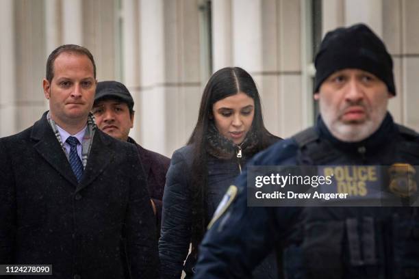 Emma Coronel Aispuro, wife of Joaquin "El Chapo" Guzman, exits the U.S. District Court for the Eastern District of New York, February 12, 2019 in the...