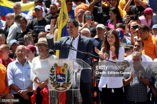 Opposition leader and self declared acting president of Venezuela Juan Guaido delivers a speech during a demonstration at avenida Francisco De...
