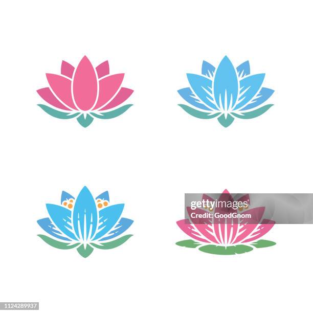 illustrazioni stock, clip art, cartoni animati e icone di tendenza di set icone ninfee - fiore di loto