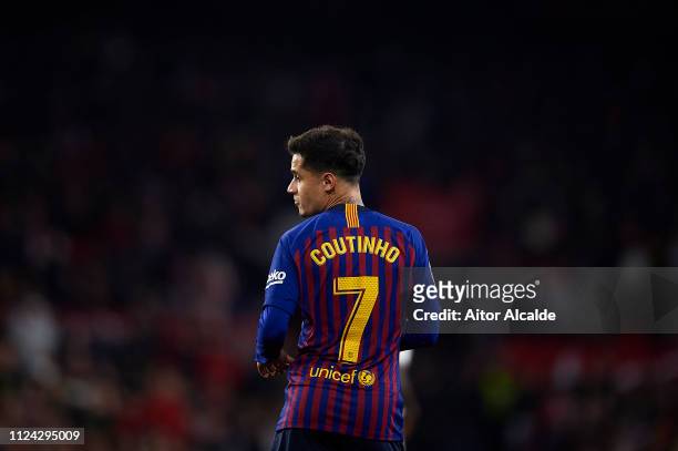 Philippe Coutinho of FC Barcelona looks on during the Copa del Quarter Final match between Sevilla FC and FC Barcelona at Estadio Ramon Sanchez...