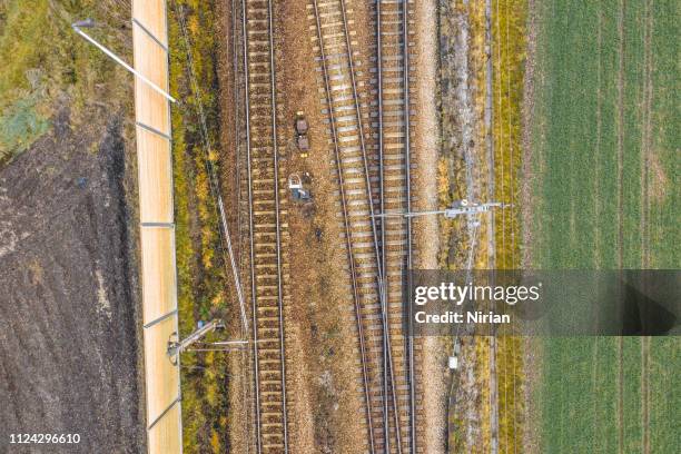 aerial view of railway track - tramway stock pictures, royalty-free photos & images