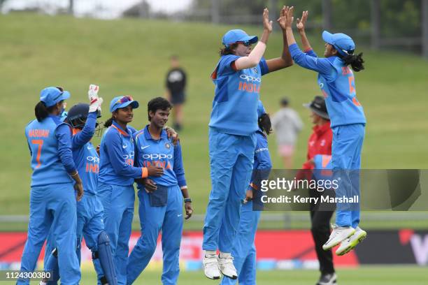 Jhulan Goswami and Jemimah Rodrigues of India celebrate during game one of the One Day International Series between New Zealand White Ferns and India...