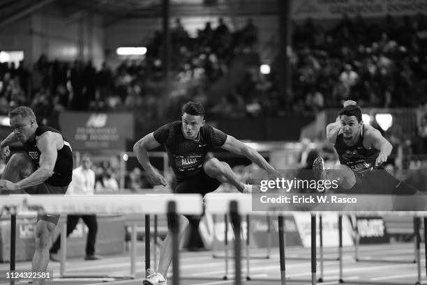 112th NYRR Millrose Games: USA Devon Allen in action vs Canada Johnathan Cabral during Men's 60M Hurdles final at The Armory. New York, NY 2/10/2019...