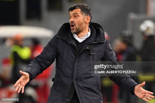 Porto's Portuguese coach Sergio Conceicao reacts during the UEFA Champions League round of 16, first leg football match AS Roma vs FC Porto on...