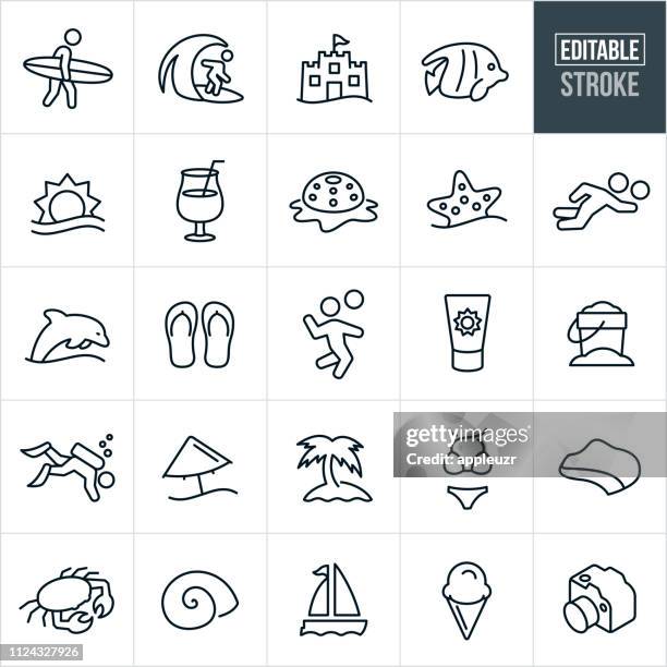 sommer strand linie symbole - editierbare schlaganfall - beach volleyball stock-grafiken, -clipart, -cartoons und -symbole