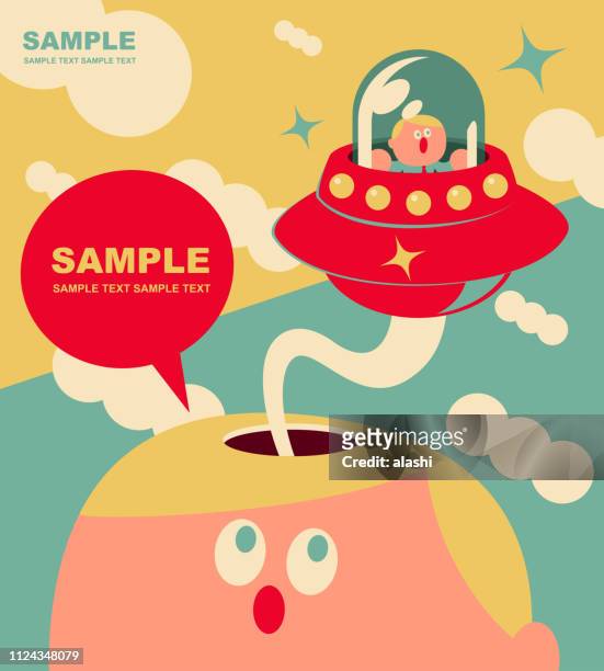 bizarre small cute office worker flying ufo from giant man open head - day dreaming stock illustrations
