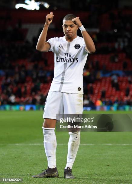 Kylian Mbappe of Paris Saint-Germain celebrates during the UEFA Champions League Round of 16 First Leg match between Manchester United and Paris...