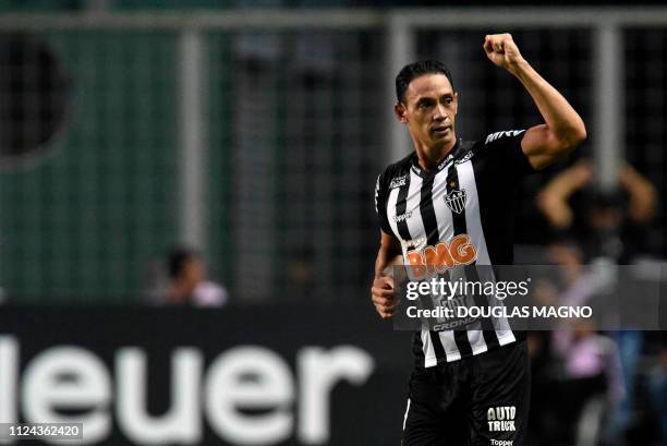 Ricardo Oliveira of Brazil's Atletico Mineiro, celebrates his goal against Uruguay's Danubio, during their 2019 Copa Libertadores football match,...