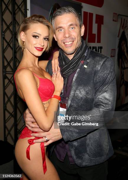 Adult film actress Emma Hix and adult film actor/director Mick Blue pose at the 2019 AVN Adult Entertainment Expo at the Hard Rock Hotel & Casino on...