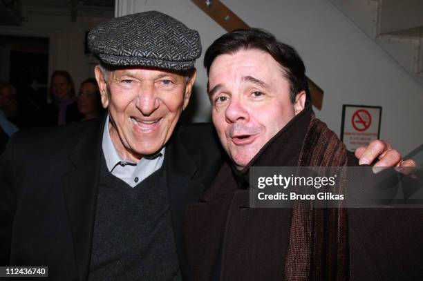 Actors Jack Klugman and Nathan Lane pose backstage at The David Mamet Comedy "November" at The Barrymore Theater on Broadway on March 11, 2008 in New...