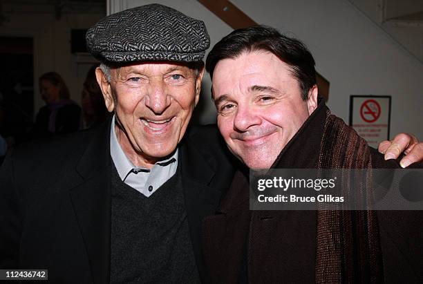 Actors Jack Klugman and Nathan Lane pose backstage at The David Mamet Comedy "November" at The Barrymore Theater on Broadway on March 11, 2008 in New...